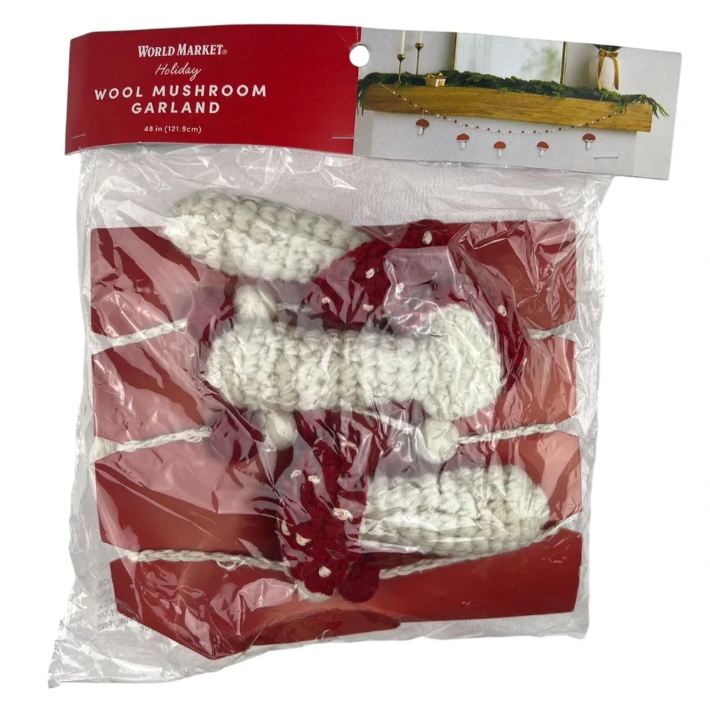 Crotchet Mushroom Felted Wool Ball Garland Red White World Market Home Decor